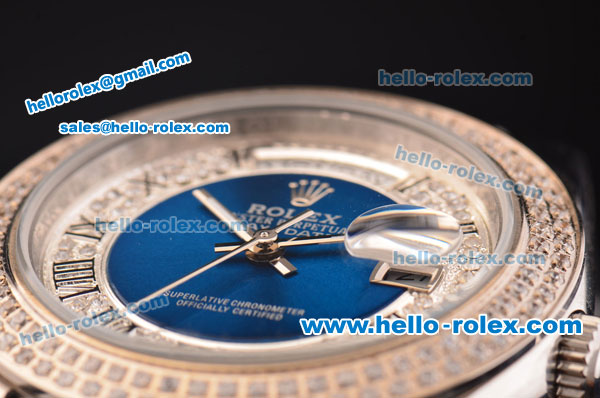 Rolex Day-Date Oyster Perpetual Automatic Full Diamond Bezel with Blue and Diamond Dial,Roman Marking-Big Calendar - Click Image to Close